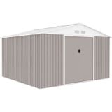 JUPITER Maison de jardin en métal, 10,85 m², 340 x 319 x 210 cm, avec kit d'ancrage, 2 portes coulissantes, couleur : taupe