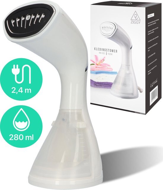 Ziggy Kledingstomer en Reiniger voor Thuis en op Reis - Stoomreiniger voor Kleding/Textiel/Stoffen - Kleine Hand Stomer - Stoom Apparaat - Steamer - 280 ML - Wit