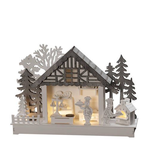 KONSTSMIDE kerstverlichting Huis met bakkerij - Hout - Wit - 4 warmwitte LED - 30x21cm - Binnen