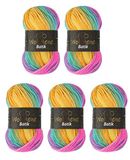 Wollbiene Batik 5 x 100 g wol met kleurverloop, meerkleurig, kleur: 2080 geel, grijs, roze
