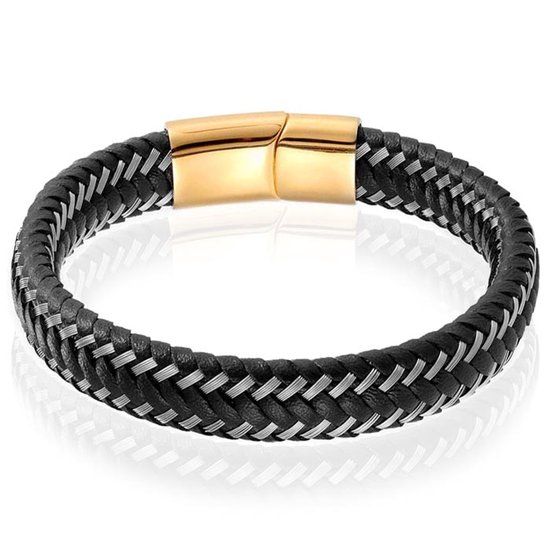 LGT JWLS LGT Jewels Heren armband Leer Edelstaal Goudkleurig Zwart - 21cm