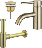Fortifura Calvi Wastafelkraanset - lage wastafelkraan - always open plug - design - sifon - PVD - geborsteld messing (goud)