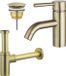 Fortifura Calvi Wastafelkraanset - lage wastafelkraan - always open plug - design - sifon - PVD - geborsteld messing (goud)