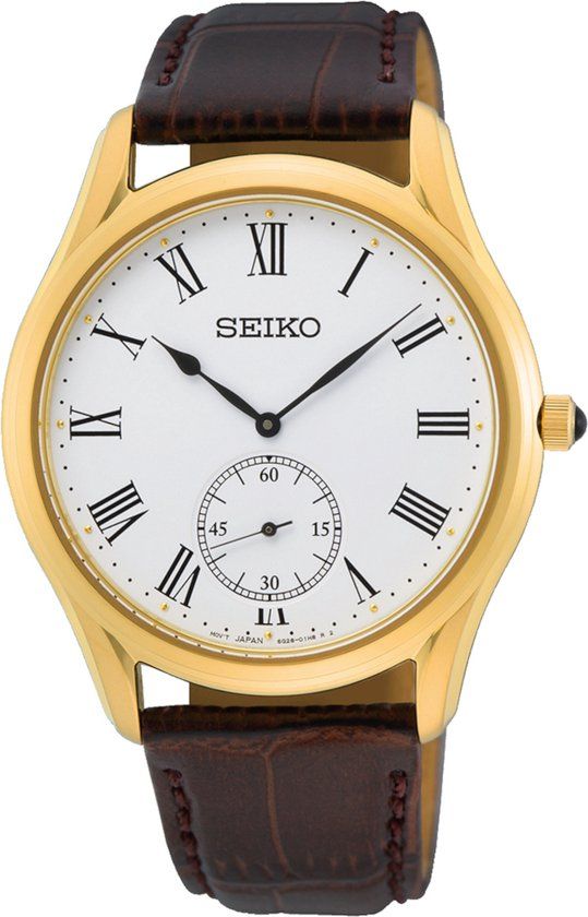 Seiko SRK050P1 Heren Horloge - Goudkleurig - Wit - Bruin Leer - Saffierglas