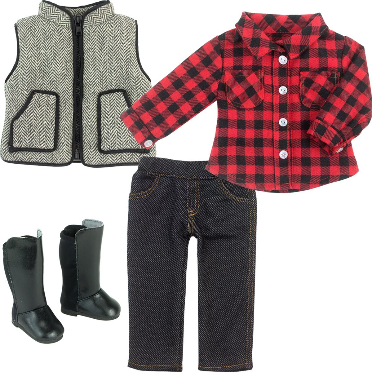 Sophia's by Teamson Kids - 18" Pop - Geruit hemd, zwarte jegging, vest met visgraatprint en zwarte laarzen - rood/zwart