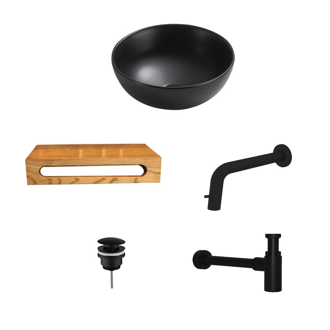 Zwarte Ronde Keramische Wastafel met Massief Houten Plank, Inclusief Kraan, Afvoer en Sifon - 40x22x8 cm