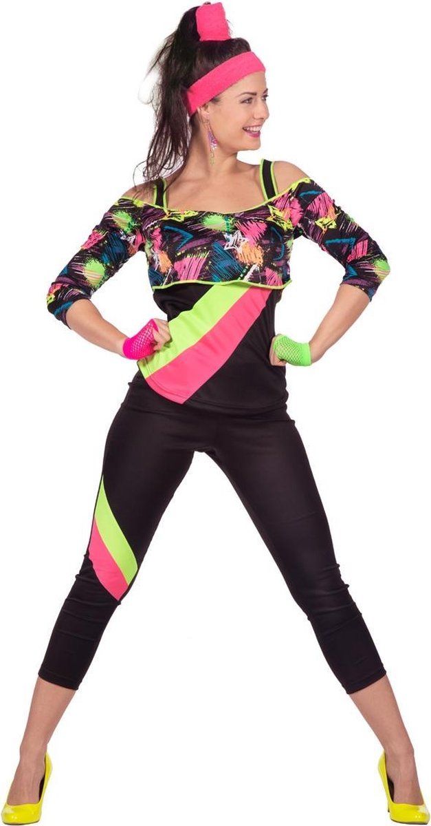 Wilbers Spetterend Aerobic Neon 80s Kostuum Vrouw Zwart