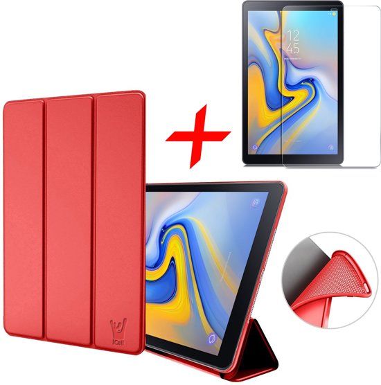 iCall Samsung Galaxy Tab A 10.5 2018 Hoes Smart Book Case Siliconen Rood + Screenprotector Gehard Tempered Glas - Tri-Fold Hoesje