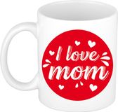 Bellatio Decorations Bol I love mom/ mama cadeau koffiemok / theebeker wit cirkel met hartjes - 300 ml - keramiek - Moederdag / mama cadeau