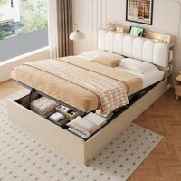 OKWISH Gestoffeerd Bed 140x200 cm - Hydraulisch Opbergbed Met USB En Nachtlamp - Hoofdbord Met Opbergruimte - Zonder Matras - Houtkleur