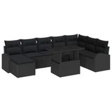 vidaXL Tuinbank Set 9-delig Zwart Polyrattan Inclusief Kussen