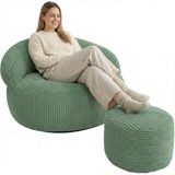 Bananair - Zitzak XXL met poef - Afneembare hoes - Ribfluweel - 110x100 cm - Groen