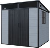 AXI Axel Opbergschuur in grijs kunststof – Kunststof Tuinschuur met Bodem – 215 x 206 x 204 cm – 4,4 m² – Met Dubbele Deuren, Regengoot en Skylight – UV-bescherming – Tuinkast met schuin dak