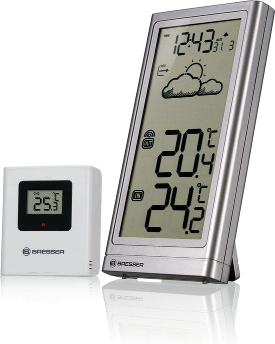 Bresser Meteo Temp Draadloos weerstation met buitensensor en extra groot, gemakkelijk leesbaar display, zilver