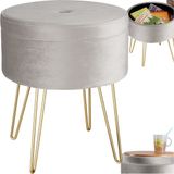tectake® Kruk met opbergruimte - Ronde poef van fluweelstof - Tot 150 kg belastbaar - Gewatteerd - Afneembare deksel - Groot opbergvak - Goudkleurige poten - Afmeting (ØxH) 37,5 x 44,5 cm - Lichtgrijs