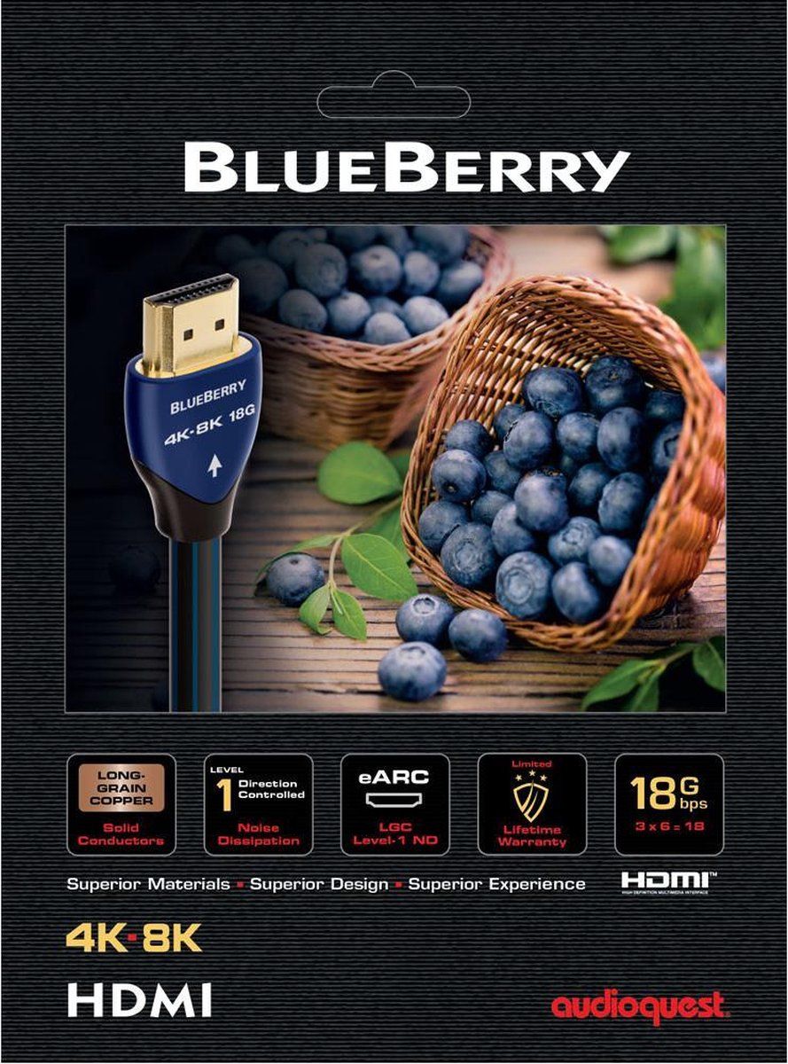 Audioquest BlueBerry 18G HDMI Kabel - 1.5m - Zwart/Blauw