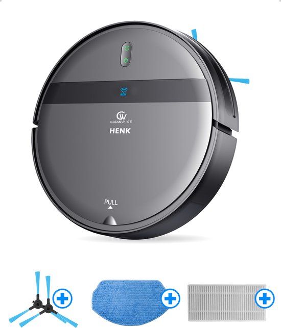 CleanWise Henk Robotstofzuiger + Onderhoudspakket – Grijs – HEPA 14 – 4500 Pa – 7,4 cm dun – App & Spraakbediening