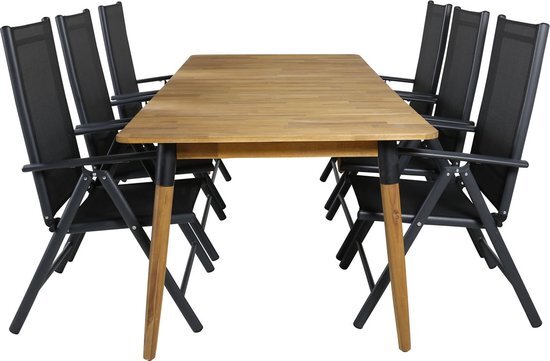 Hioshop Julian tuinmeubelset tafel 100x210cm en 6 stoel Break zwart, naturel.