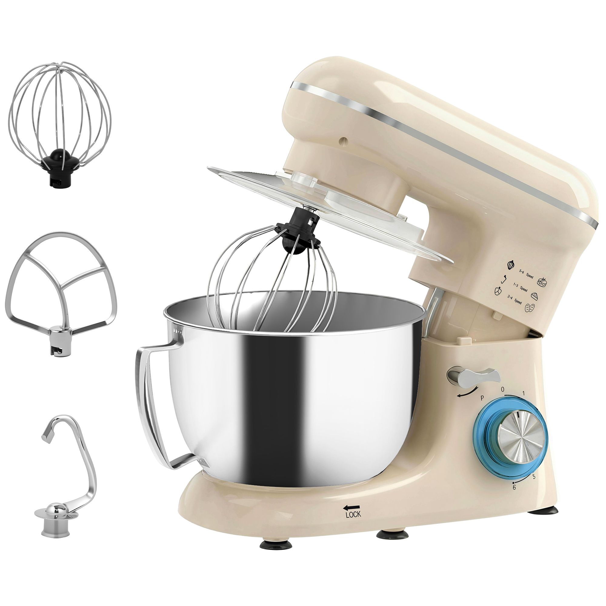 HOMCOM Mixer/Deegklopper 4,5L 1300W 6 Snelheden Roestvrijstalen Kom Mixerhaak Roerstaaf Beige