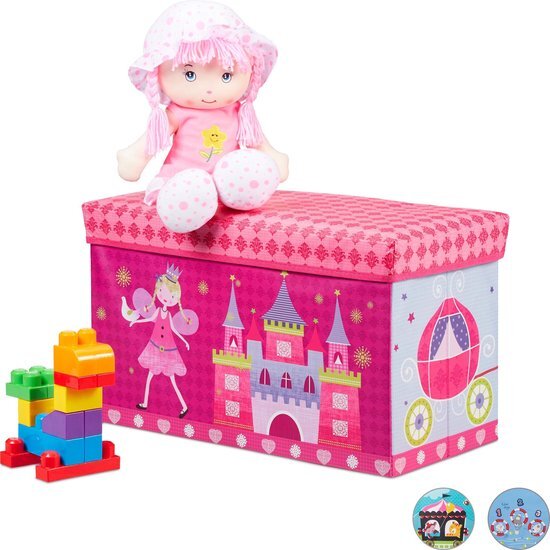 Relaxdays Speelgoedkist - opvouwbare poef - opbergkist speelgoed - opbergruimte - deksel Prinses roze