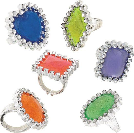 Unique Feest 74003 - Gem Plastic Rings Party Bag Fillers - Multi Colour - 12 Pieces