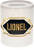 Bellatio Decorations Shoppartners Bv Spaarpot met voornaam Lionel - wit - met goud/zwart embleem - 8 x 9 cm - keramiek - met afsluitdop - cadeau verjaardag