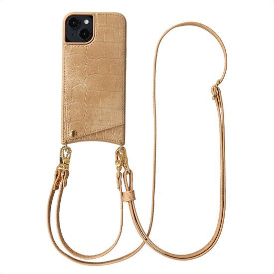 Selencia Hoesje - Geschikt voor Apple iPhone 14 / 13 - Croco Backcover met koord en pashouder - Toasted Almond