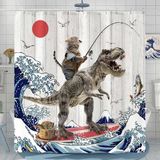 Merkloos Extra lang douchegordijn met grappige kat en dinosaurus print voor badkamer