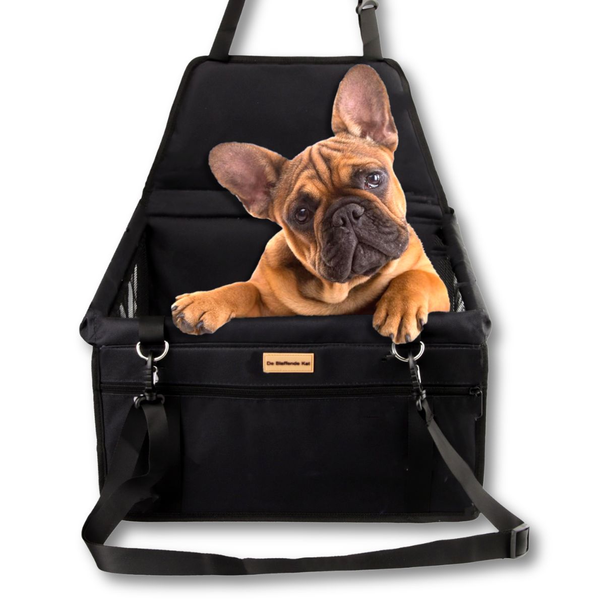 De Blaffende Kat Luxe Zwarte Autostoel voor Honden - Opvouwbaar, 40x30cm, Inclusief Lade