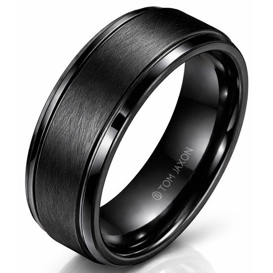 TJ Tom Jaxon Tom Jaxon Zwarte wolfraam heren ring Geborsteld Mat en Glans-18mm