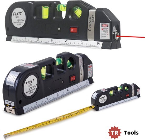 T.R.Goods T.R. Tools - Levelpro3 Laserwaterpas - Incl. Rolmaat 2,50 meter - Incl. Batterijen - 3 Verschillende lasers - Kruislijnlaser - Horizontale en Verticale Laser - Klussen - Waterpassen