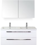 BES LED Seville Badmeubelset 120 cm - 2 Laden Wit Hoogglans - Wastafel Djazz Dubbel met Spiegelkast
