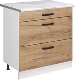 Vicco R-Line meuble de cuisine bas, chêne doré/blanc, 80 cm avec 3 tiroirs plan de travail marbre