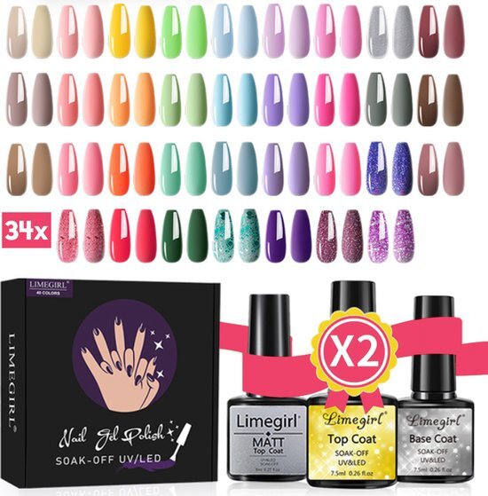 Limegirl Gelnagels Kleuren Set XL | 34x Gellak Box + 2x Top, Mat & Base coat| 34 Verschillende Kleuren Gels | Top Coat | Base Coat | Mat Coat | Nepnagels | Nail Art Pakket | 8ml Kleuren | UV/LED GEL | Gel Polish | | Nagelstad