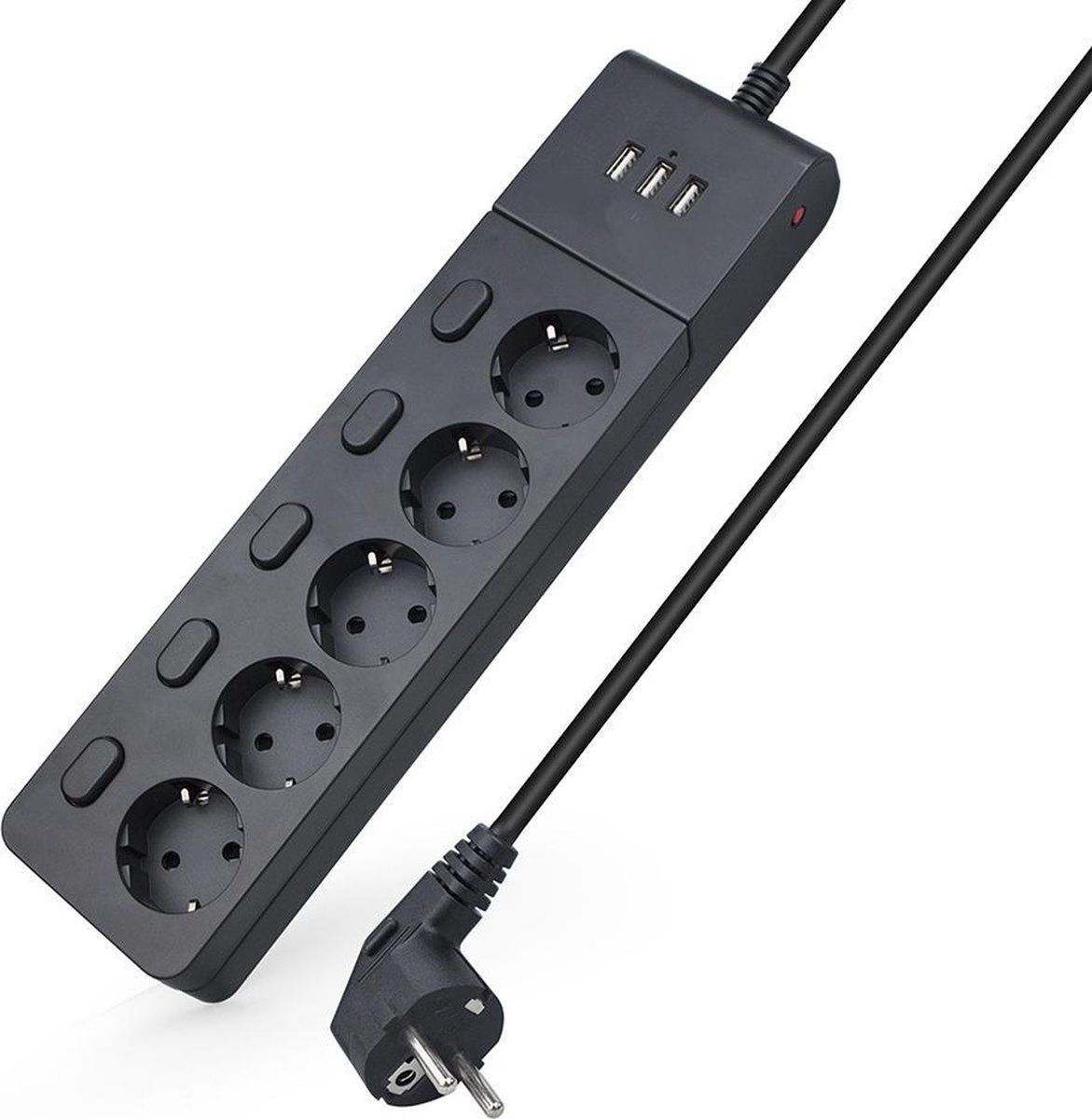 Allteq Stekkerdoos | 5-voudig | 3x USB A | Schakelaar | 2 meter | Zwart