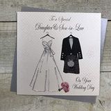 Witte WHITE COTTON CARDS Witte katoenen kaarten naar een speciale dochter & zoon-in-law dag, handgemaakte Schotse trouwkaart (bruid jurk & Kilt)