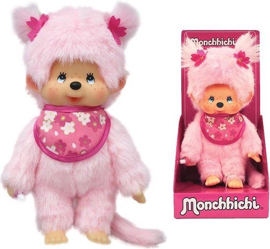 Bandai Monchhichi Pinky Sakura Roze Pluche Kersenbloesems - Iconische Aap Pluche uit de jaren 80 - Zachte Pluche 20 cm voor Kinderen en Volwassenen - Speelgoed Kinderen 2 jaar oud en + - 24289