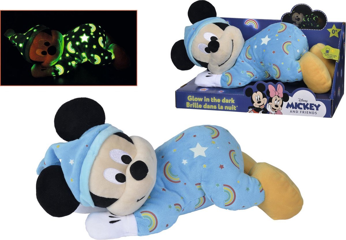 simba Disney - Mickey Mouse - Glow in the dark - Liggend Blauw - 30 cm - Knuffel