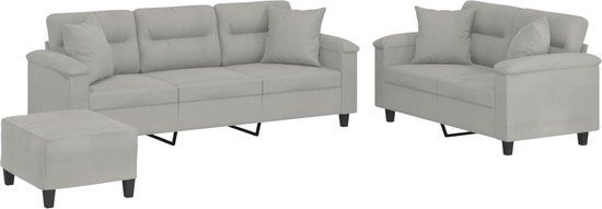 vidaXL 3-delige Loungeset met kussens microvezelstof lichtgrijs