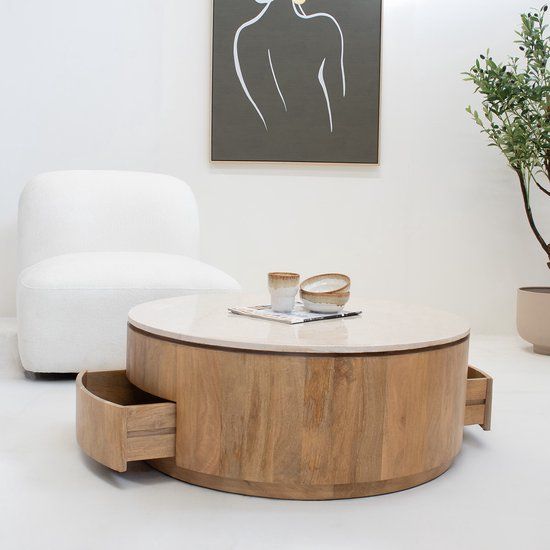 Giga Meubel Salontafel Elan Rond - Travertin - Naturel - 90x90x35cm - Incl. Lades