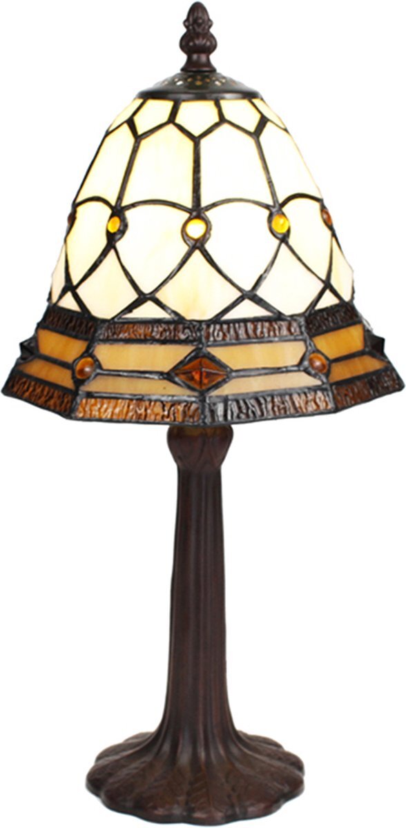 HAES deco - Tiffany Tafellamp Ø 21x39 cm Beige Bruin Glas Kunststof Rond Tiffany Bureaulamp Tiffany Lampen Glas in Lood