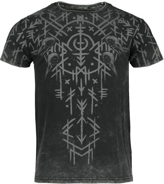 Black Premium by EMP Zwart Gewassen Look T-shirt met Runen en Ravenschedels - Heren - L