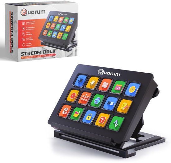 Quarum Streaming Deck – Macro Keyboard met 15 Programmeerbare LCD Toetsen – Voor Streaming, Gaming, OBS, Twitch, Werk & Productiviteit – RGB – USB-C – Windows & Mac