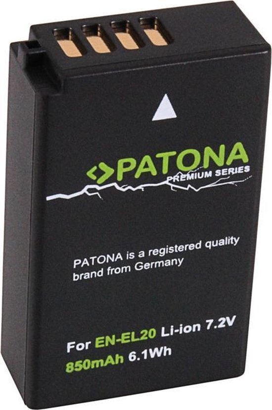 Patona Premium - Vervanging voor accu Nikon EN-EL20 EN-EL20a (echte 850mAh) - Nikon 1 AW1 J2 J3 S1 V3 COOLPIX A P1000 - Blackmagic Pocket Cinema
