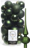Decoris Boules de Noël 30 pièces - Vert foncé 4/5/6 cm Plastique Mat/Brillant/Paillettes Mix et Étoile de sapin en verre mat 26 cm