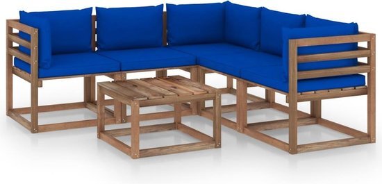 vidaXL 6-delige Loungeset met blauwe kussens geïmpregneerd grenenhout