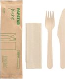 Papstar 10x 50 Bestekset Hout pure: Mes Vork Servet in papieren sleeve