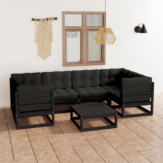 The Living Store Loungeset - Grenenhout - Zwart - 7-delig - 70x70x67 cm