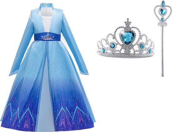 Het Betere Merk Prinsessenjurk meisje - Frozen - Elsa blauwe jurk 122/128(130) + Tiara / Toverstaf - Verkleedjurk - Verkleedkleding kind