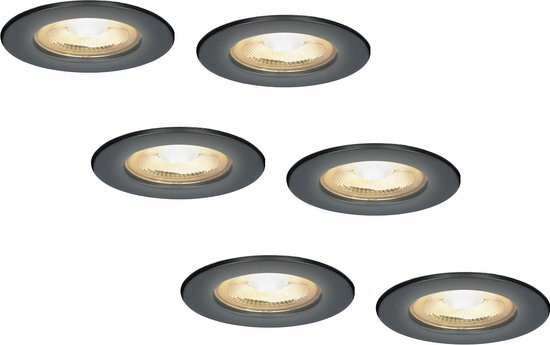 HOFTRONIC 6x Nola - LED inbouwspot badkamer en buiten - Zwart - Dimbaar - Spotjes verlichting - Badkamerverlichting - IP65 Waterdicht - Rond Ø 53mm - 2700K Extra warm wit (sfeervol) - 5 Watt - 400 Lumen - Plafondspots